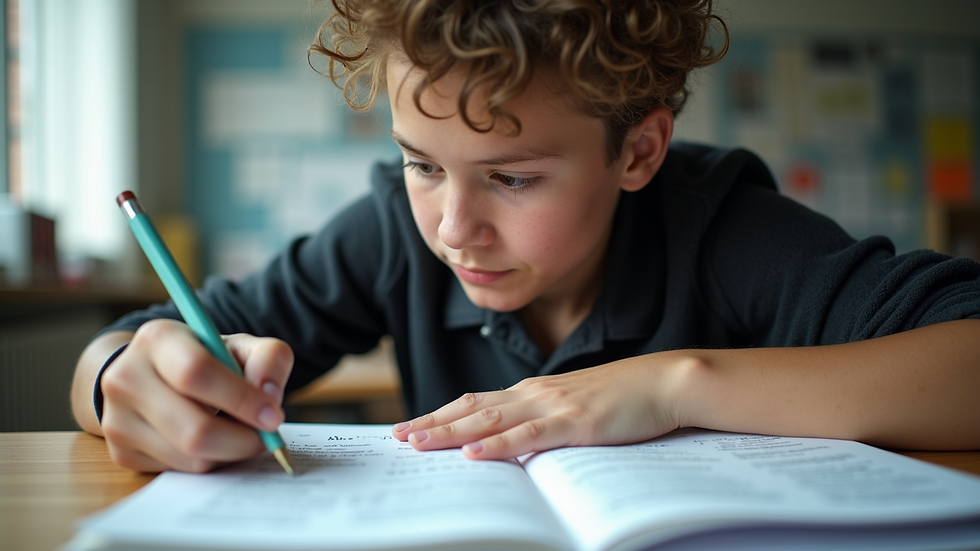 Eye-level view of a student studying mathematics with textbooks and notes