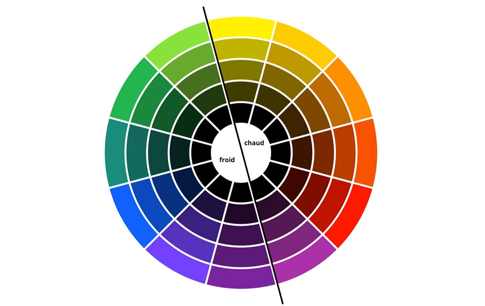 Un cercle chromatique indiquant les couleurs chaudes et froides.