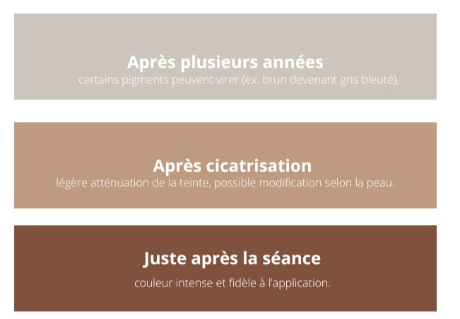 Un comparatif pigment frais vs pigment cicatrisé vs pigment après plusieurs années.