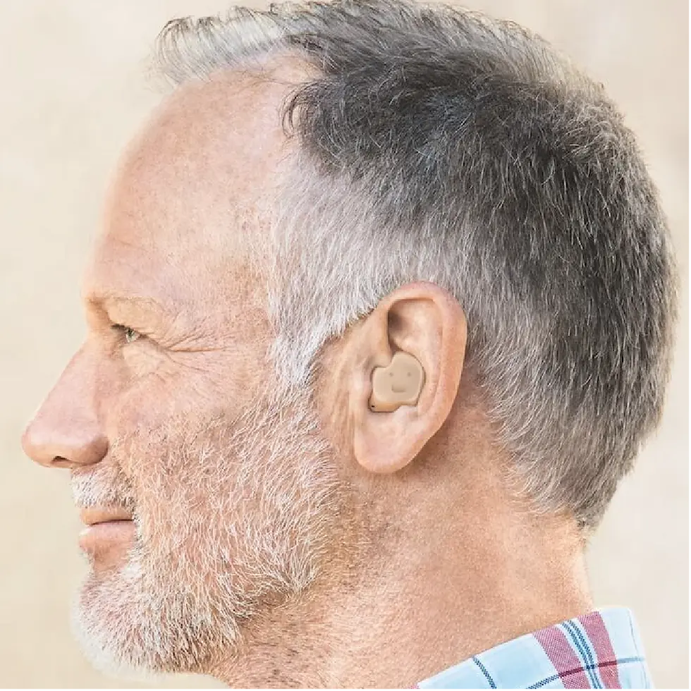 Inside the ear hearing aids (ITE) worn by a person, cosmetic view shows of how the hearing aid is fitting