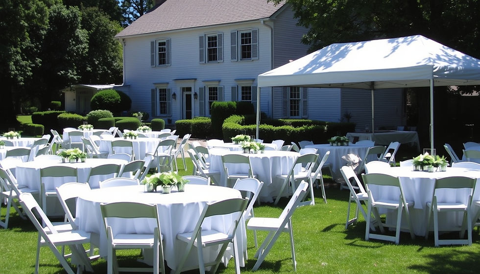 Eye-level view of a backyard party setup with tables, chairs, and a tent in Annapolis