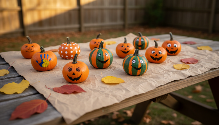 Close-up of small painted pumpkins drying on craft paper in a backyard.