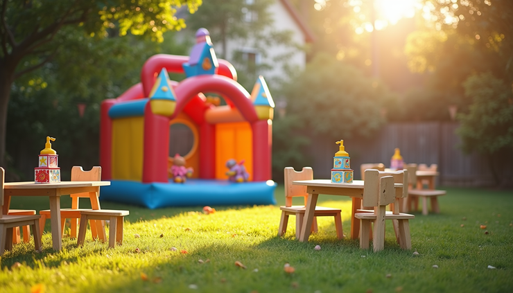 High angle view of kids tables and chairs set up next to a bounce house at an outdoor party