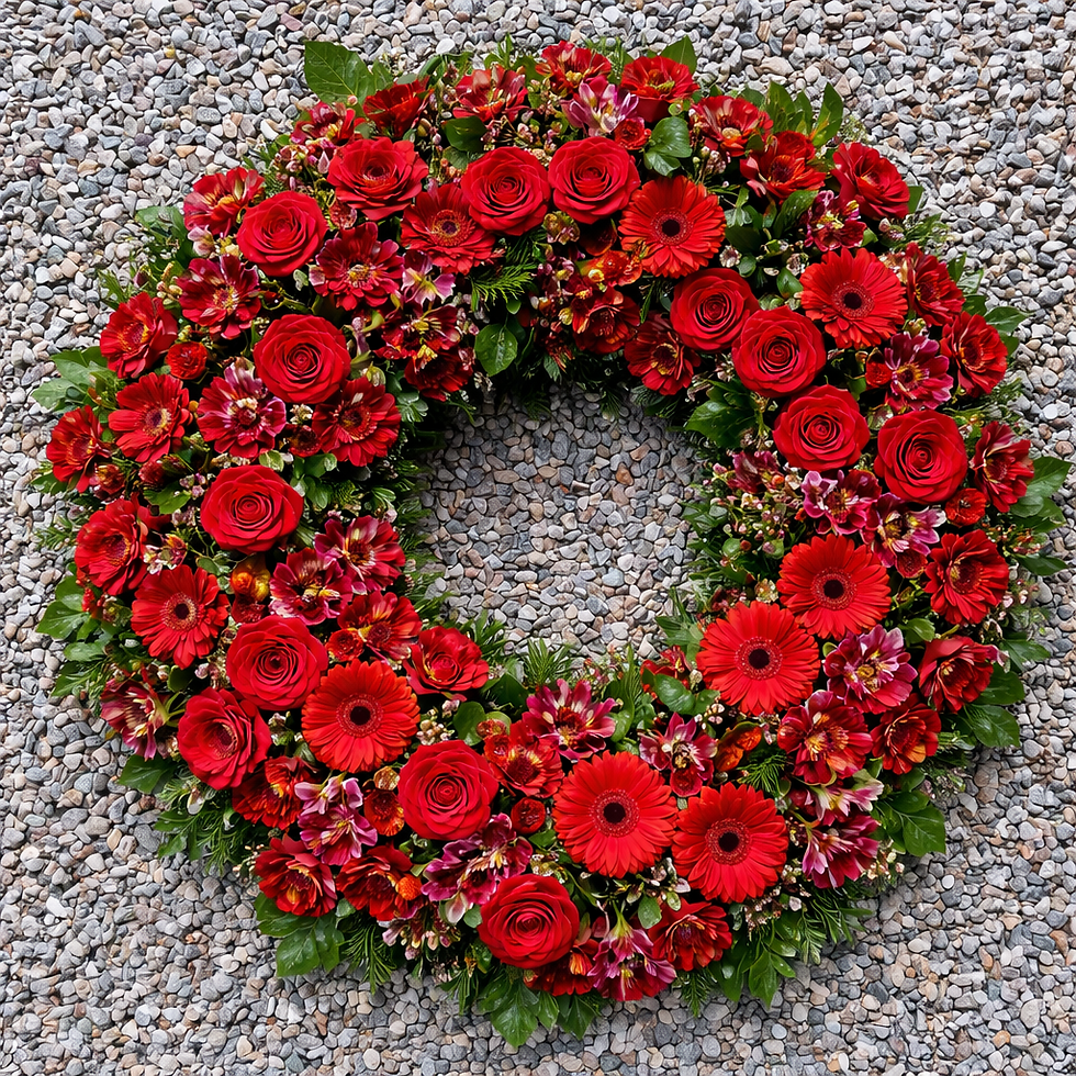 Runder Trauerkranz mit roten Rosen und roten Gerbera auf Kiesgrund