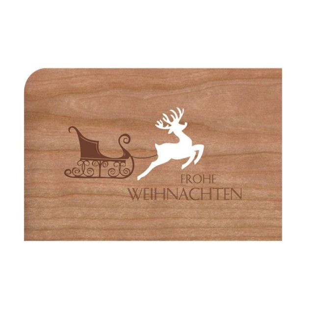 Holzpost Weihnachtskarte aus Kirschbaumholz mit Rentiermotiv und Umschlag