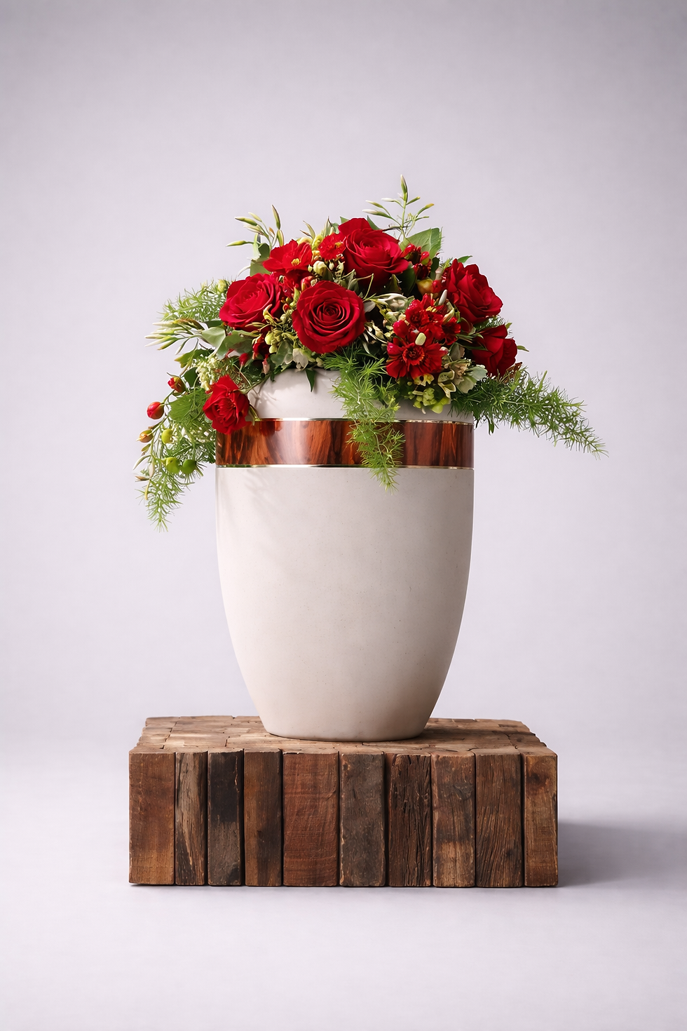 Miniaturbild: Kleine florale Urnendekoration als Blumenkrone mit roten Rosen und lockerem Grün – klassischer Trauerschmuck