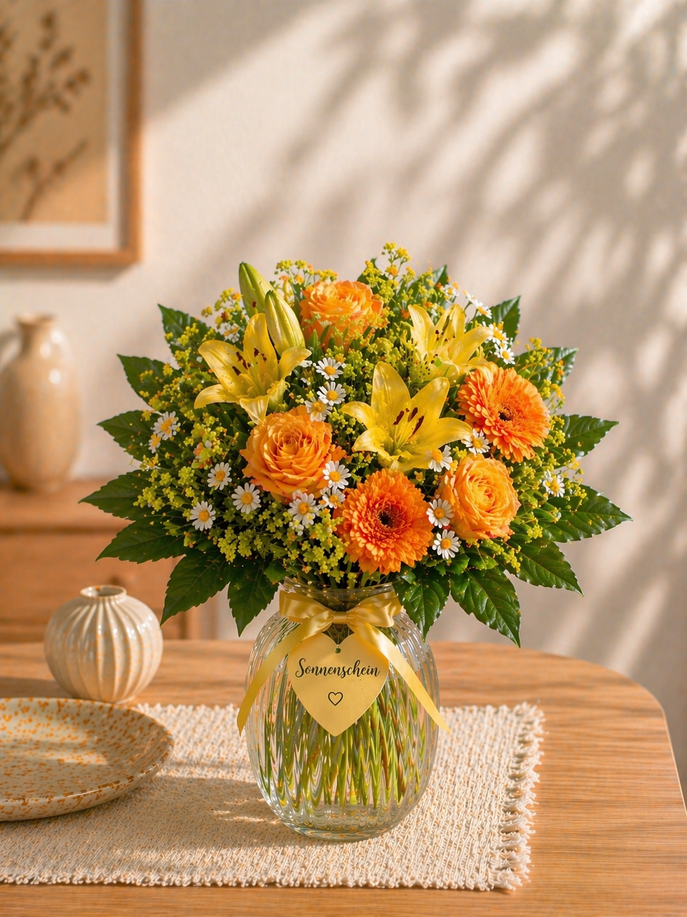 Blumenstrauß „Löwenmutter“ in Gelb & Orange mit Lilien, Rosen und Kamille. Frische, lebendige Floristik für jeden Anlass. Je