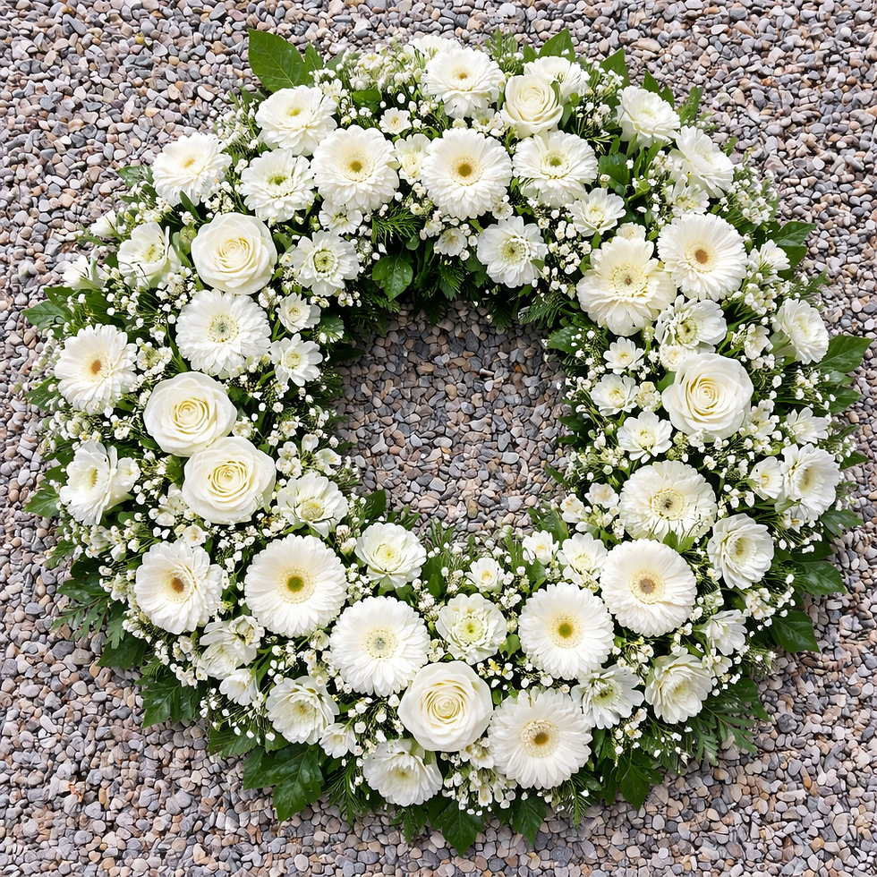 Runder Trauerkranz mit weißen Rosen und weißen Gerbera in klassischer Ausführung