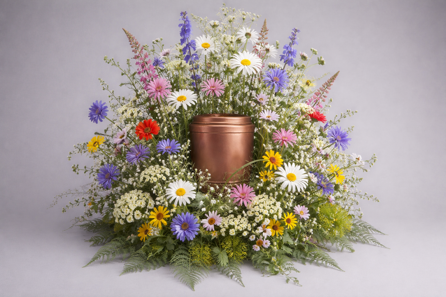 Locker gestecktes Urnengesteck mit bunten Wiesenblumen, Margeriten und feinem Grün auf grauem Hintergrund