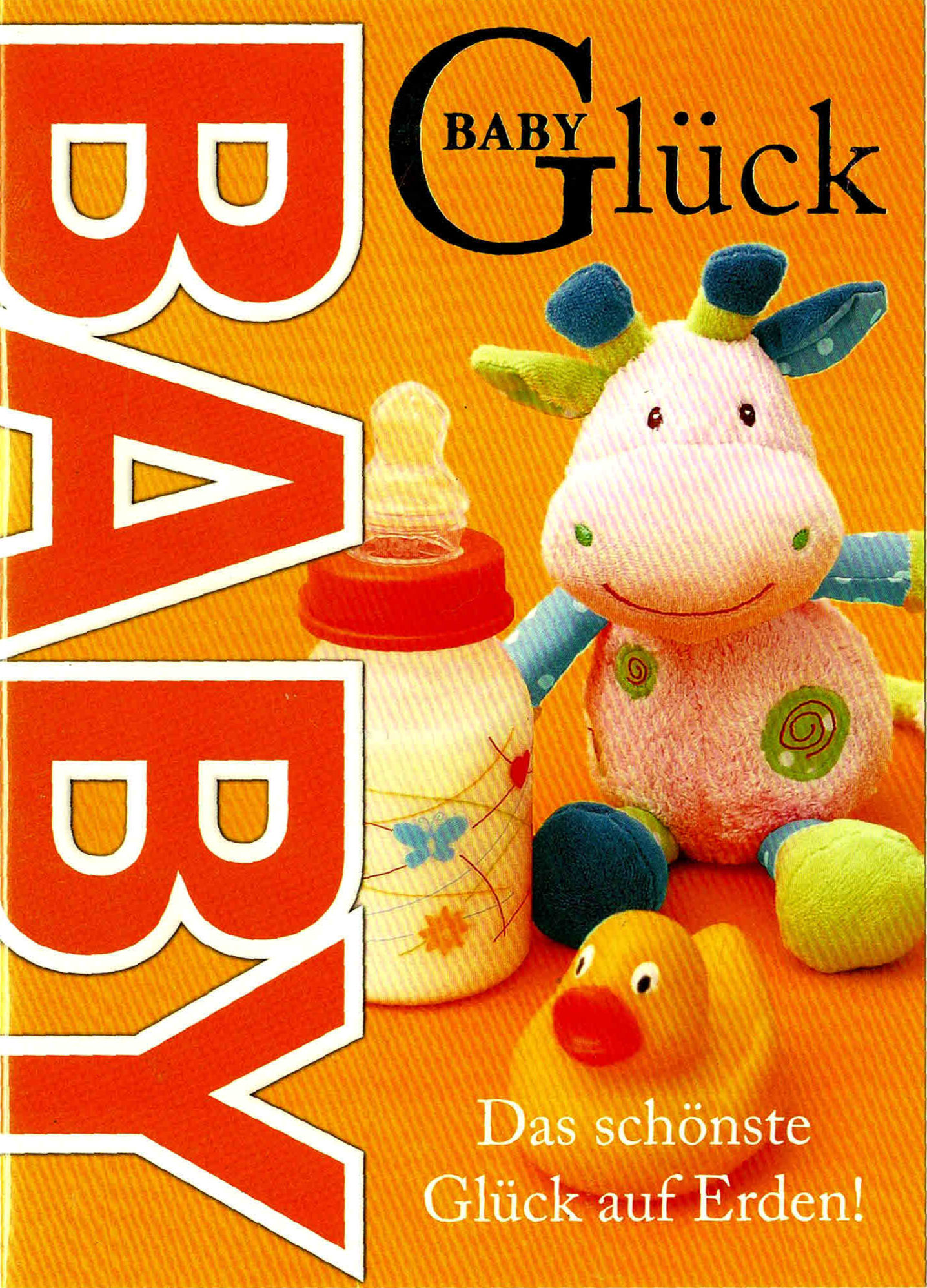 Babykarte „Babyglück“ mit Stofftier, Babyflasche und Quietscheente