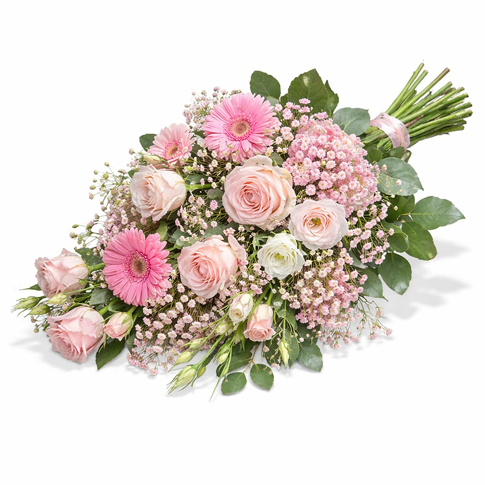 Trauerstrauß in zartem Rosé mit pinken Akzenten aus Rosen, Gerbera, Lysianthus und Schleierkraut – liebevoller Blumengruß zur