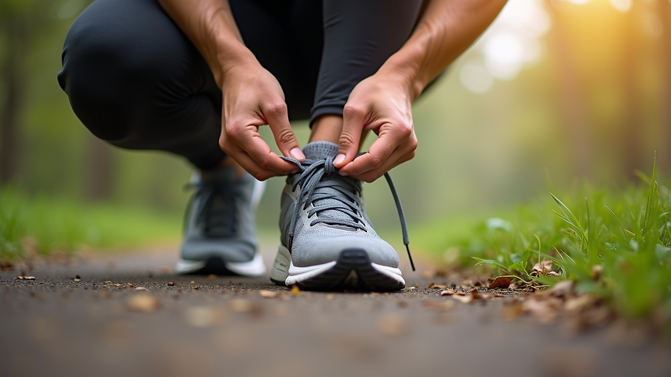 Close-up view of a person tying running shoes on a park trail