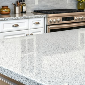 White granite countertop in a well-lit kitchen, Countertop refinishing, modern design.