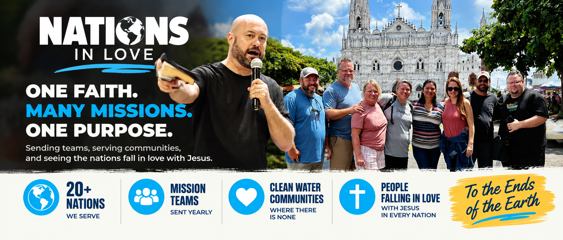 Nations In Love mission banner featuring a mission team and Christian outreach