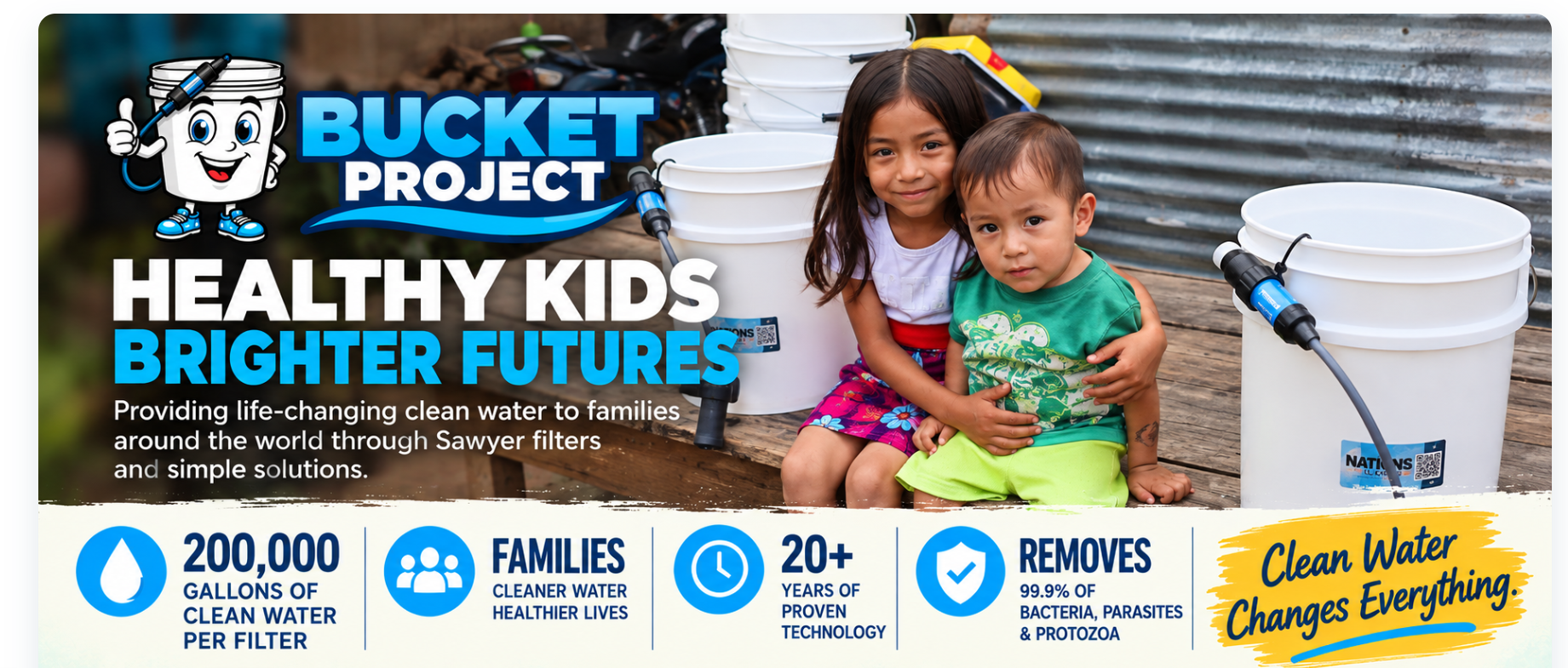 Bucket Project — two children sitting beside Sawyer water filtration buckets, with clean-water impact facts