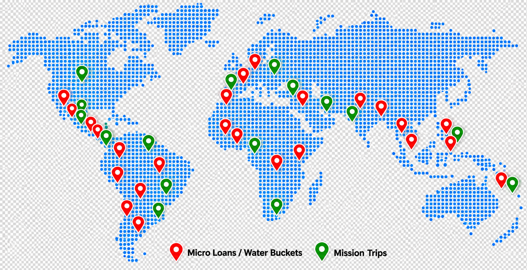 World map of Poverty Solutions outreach: red pins mark microloans and water buckets, green pins mark mission trips