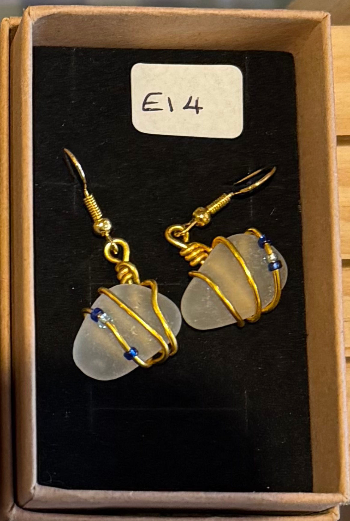 Sea glass earrings E14 White with blue and clear beads