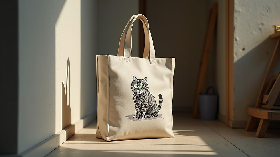 Eye-level view of a custom tote bag with cat art