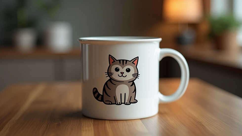 Close-up view of a personalized mug with a cat illustration