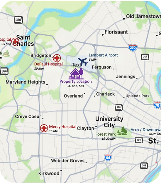Map of greater St. Louis in relation to furnished properties in Saint Ann Missouri