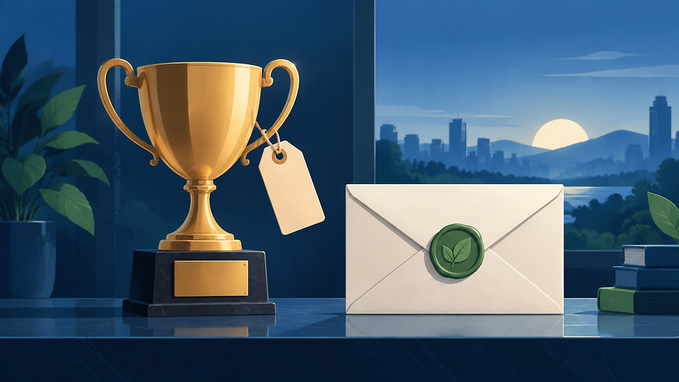 Illustration of a trophy with a price tag hanging from it, next to a sealed envelope