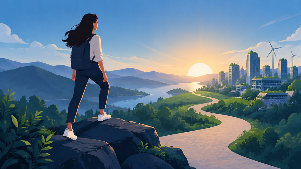 Illustration of a woman taking a confident first step onto a new path, with a sunrise ahead