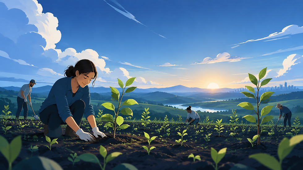 Illustration of many small plants growing in a large field, some taller than others, under a wide sky