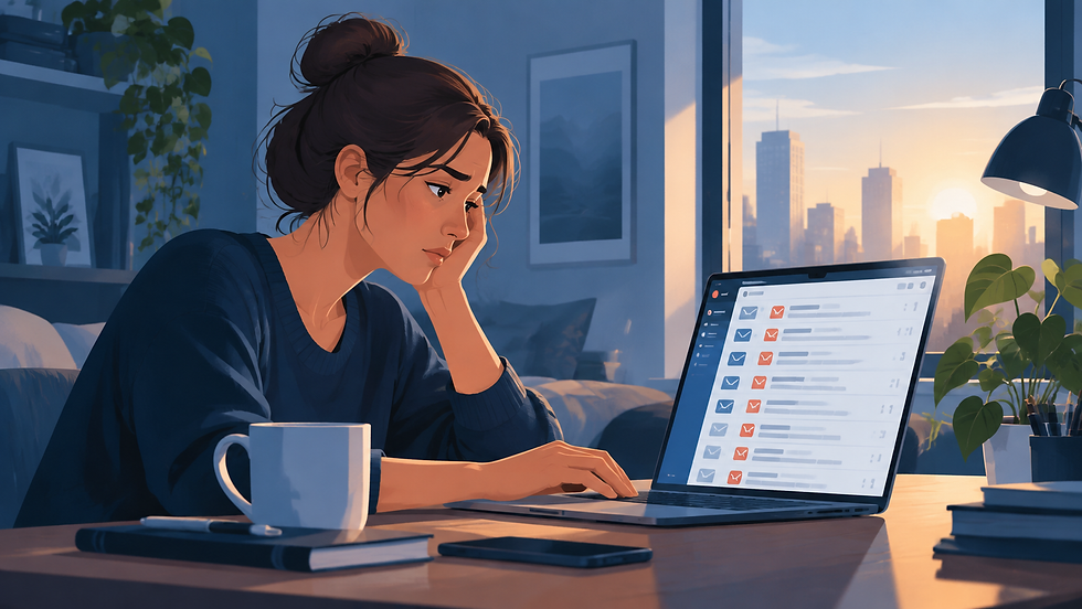 Illustration of a woman at a laptop early in the morning looking at an inbox full of emails, soft morning light