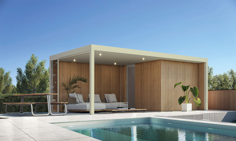 Moderne houten terrasoverkapping Maluwi met vast dak Zonwering-winkel.
