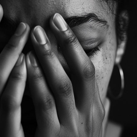 Black-and-white close-up of a Black woman covering her face with both hands, eyes closed, conveying sadness and stress.