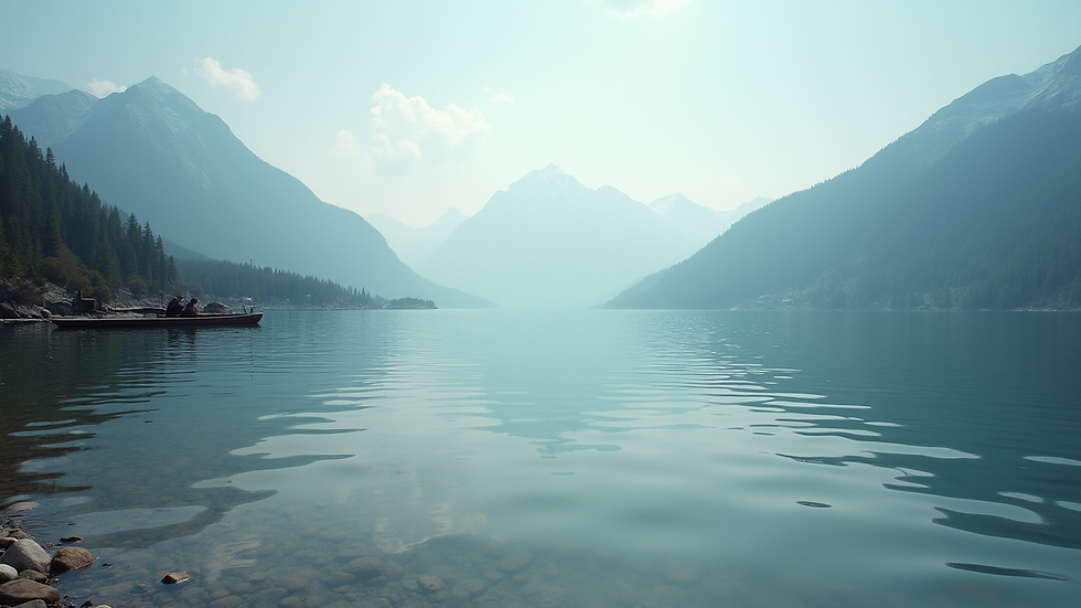 Eye-level view of a serene landscape with a calm lake and mountains in the background