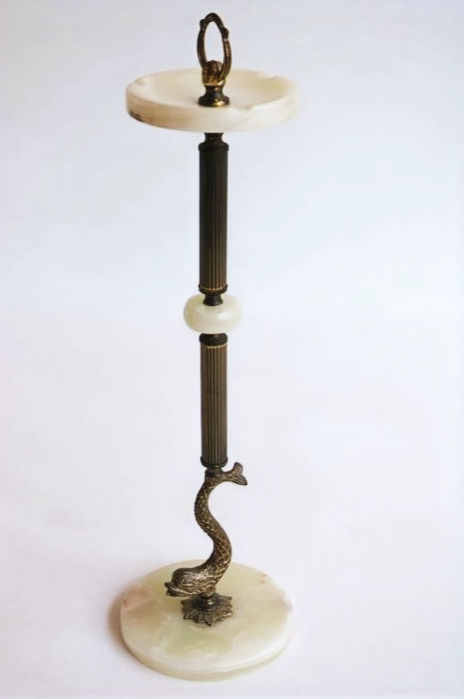 Retro French Vintage Standing Onyx Marble Brass Dolphin Fish Ashtray