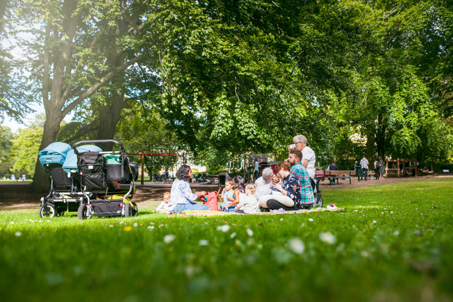People enjoying a picnic in Bute Park, Cardiff, surrounded by lush greenery and blooming flowers during a sunny spring day