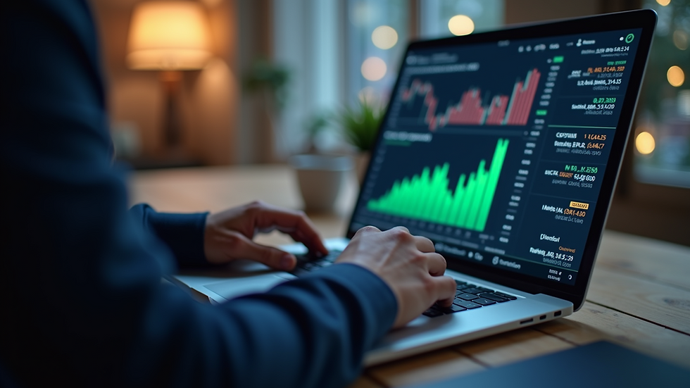 Eye-level view of a person analyzing cryptocurrency trends on a laptop