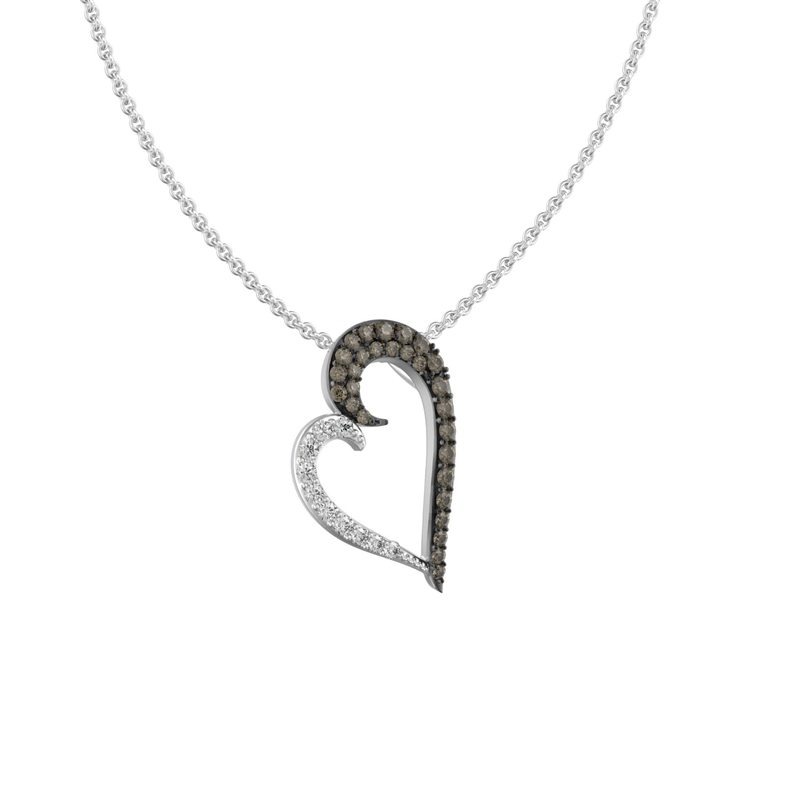 1/4 CTTW BROWN DIAMOND HEART PENDANT AND CHAINS 10K WHITE GOLD ROUND