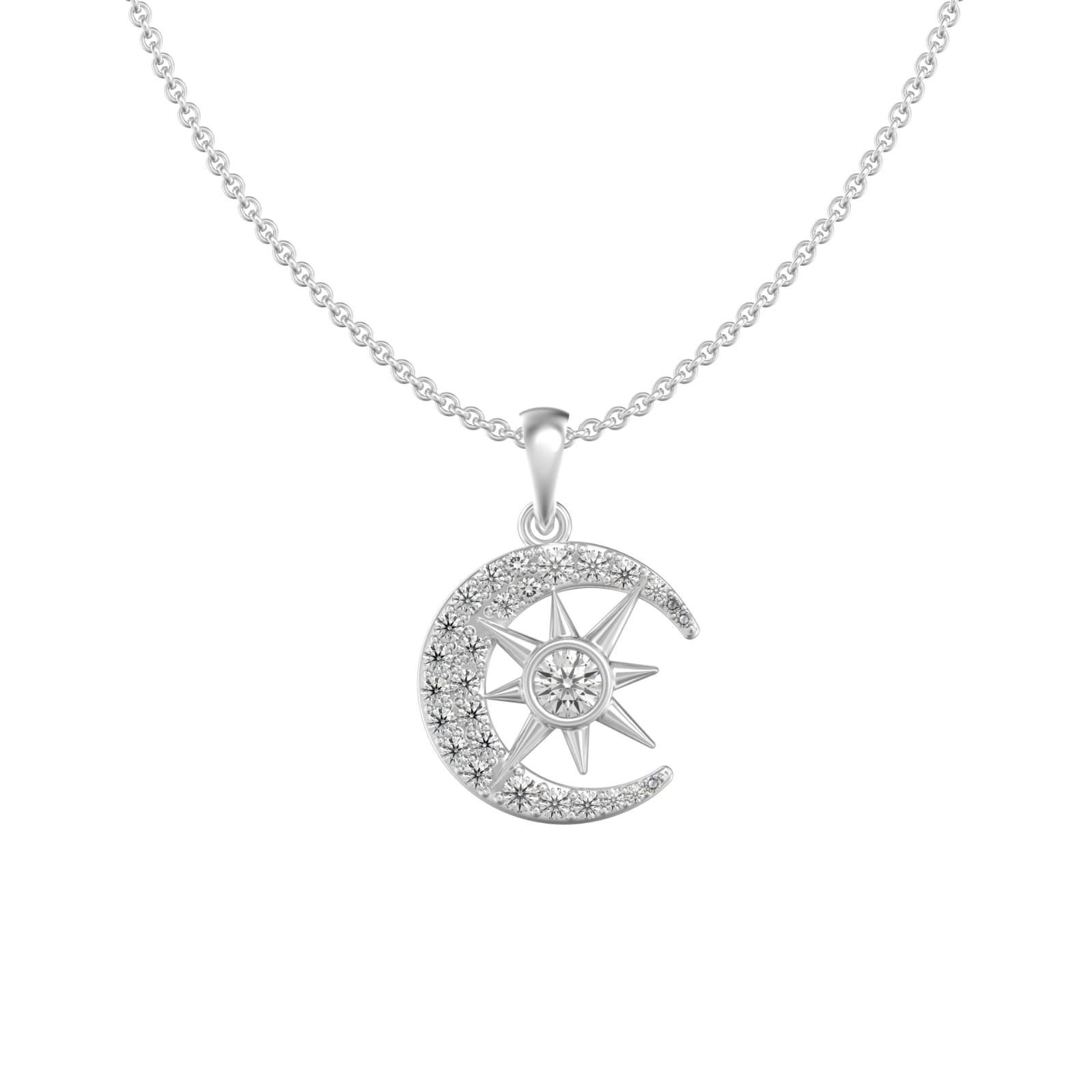 1/4 CTTW DIAMOND CRESCENT MOON STAR PENDANT AND CHAINS 10K WHITE GOLD ROUND