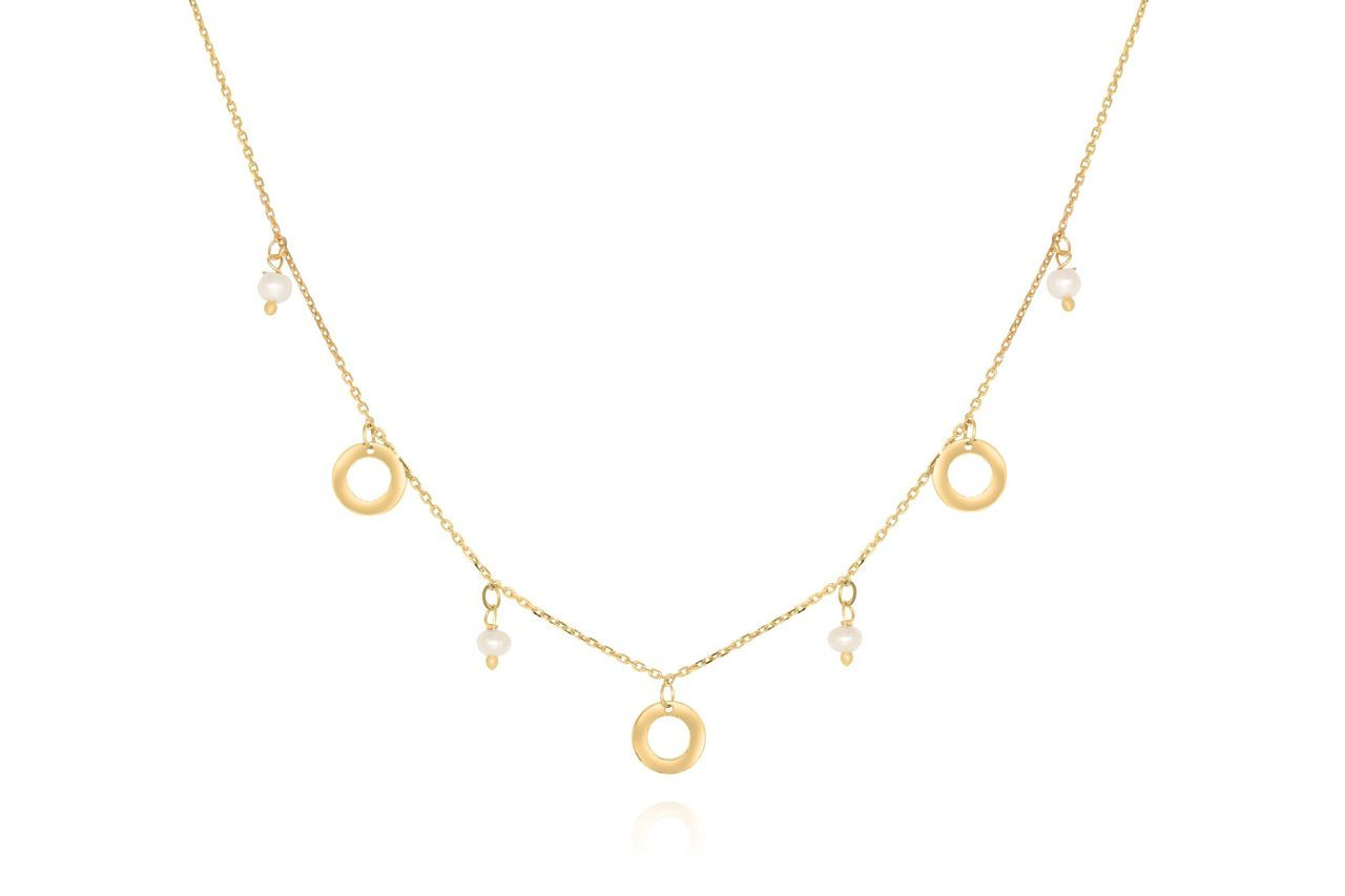 14K YELLOW GOLD PEARL AND CIRCLES STATIONED PENDANT NECKLACE