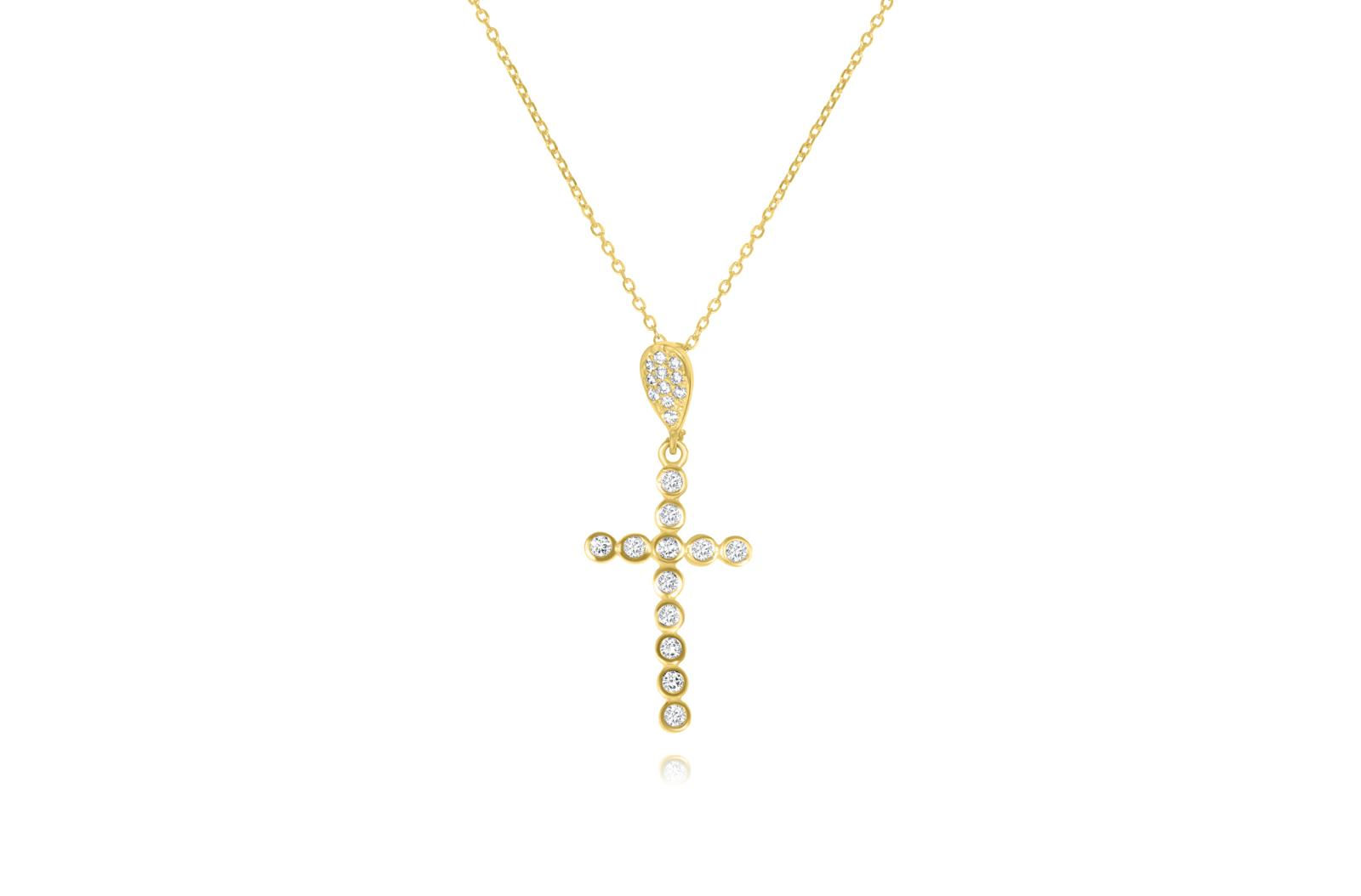 14K YELLOW GOLD CZ CROSS PENDANT NECKLACE