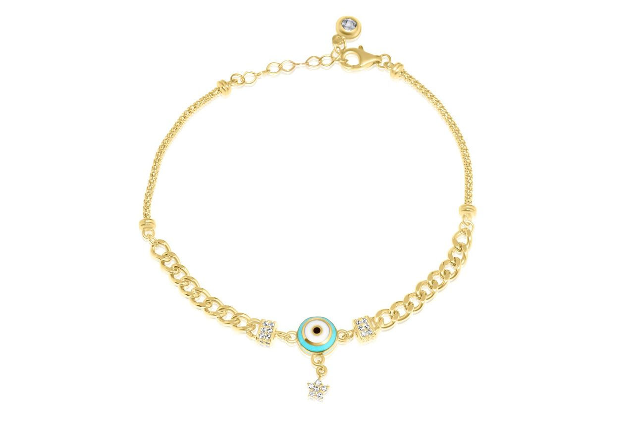 14K YELLOW GOLD CZ ENAMEL EVIL EYE BRACELET