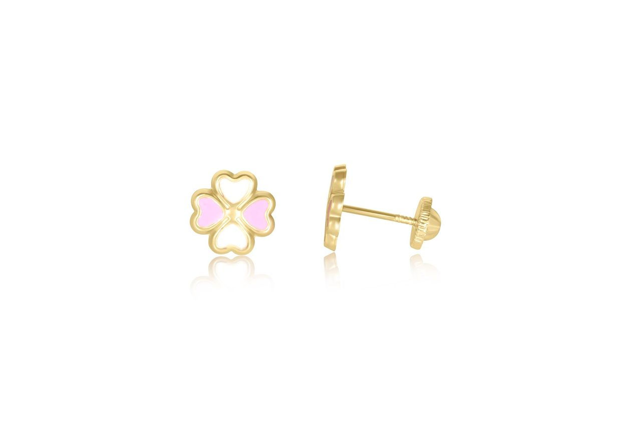 14K YELLOW GOLD ENAMEL FOUR LEAF CLOVER STUD EARRINGS