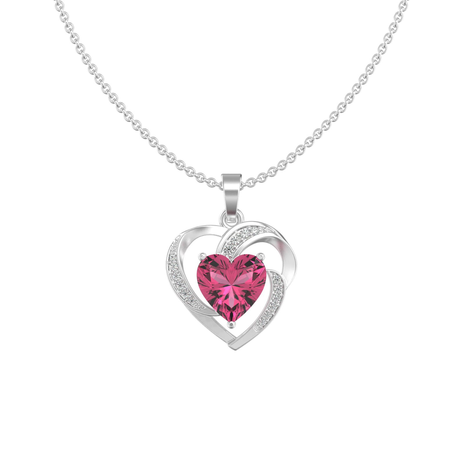 1 CTTW 10K WHITE GOLD ROUND CREATED PINK SAPPHIRE HEART PENDANT AND CHAINS