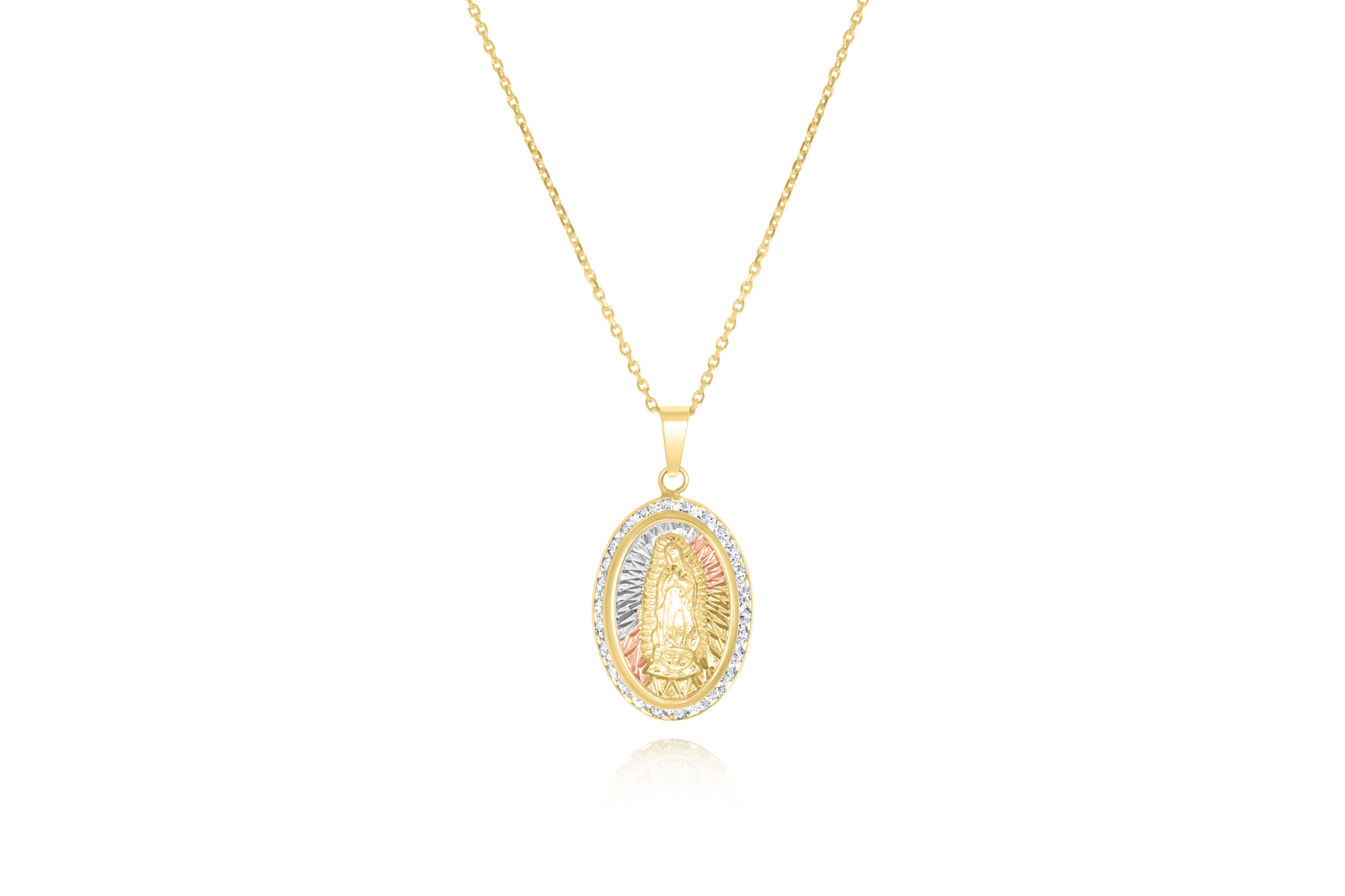 10K THREE TONE CZ VIRGIN OF GUADALUPE MEDAL PENDANT NECKLACE