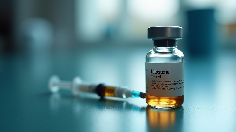 Close-up view of testosterone injection vial and syringe