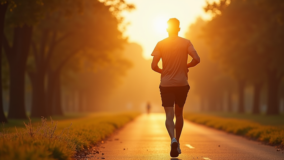 Close-up view of a man jogging in a park during sunrise