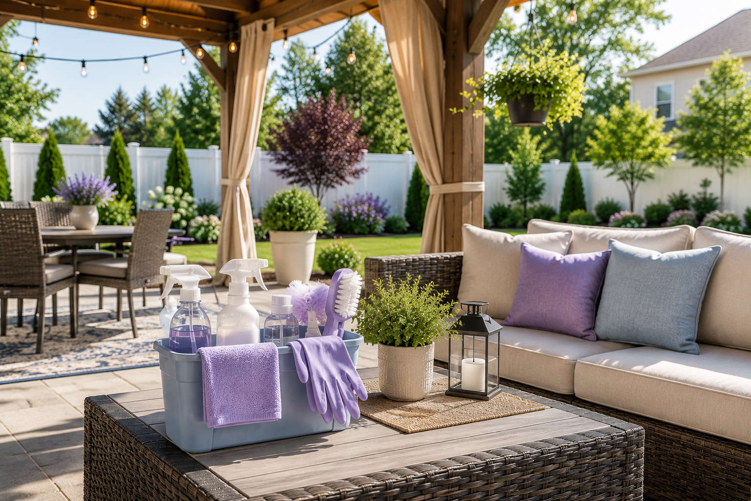 Cleaning supplies on patio table in a landscaped backyard