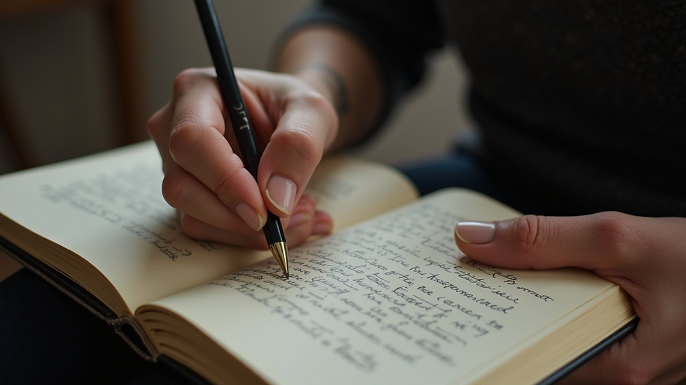 Close-up view of a songwriter writing lyrics in a notebook