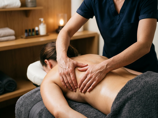 Close-up view of massage therapist applying firm pressure on back muscles