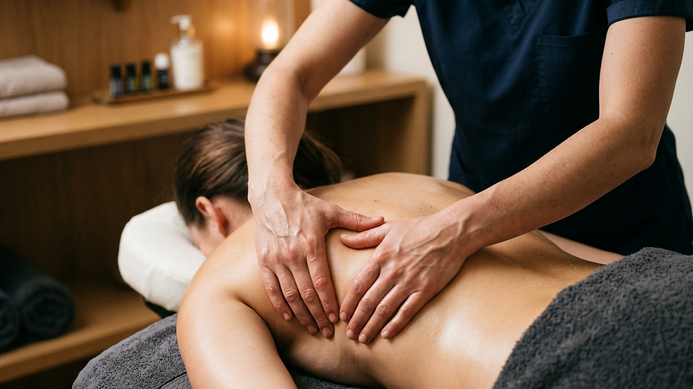 Close-up view of massage therapist applying firm pressure on back muscles