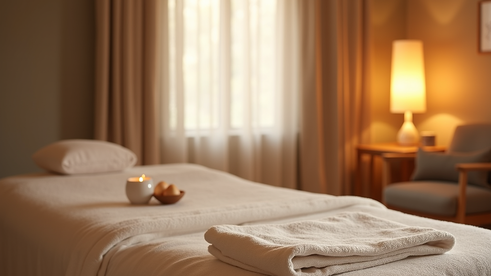A serene massage therapy room with warm linens and natural light.