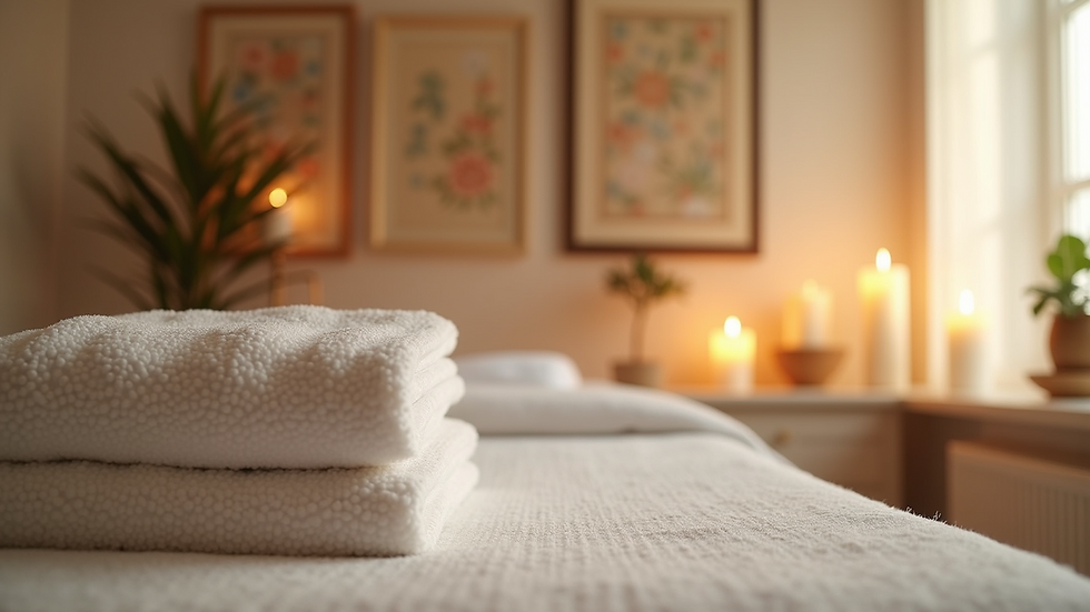 Eye-level view of a serene massage therapy room with calming decor